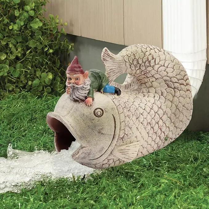 Elenon Fish with Gnome Decorative Gutter Downspout Extension Statue, Gutter Guardian Rain Downspout Extender, Garden Splash Block Outdoor Sculpture for 3" × 4" Down Spouts Decor by GreenHaven Gardens