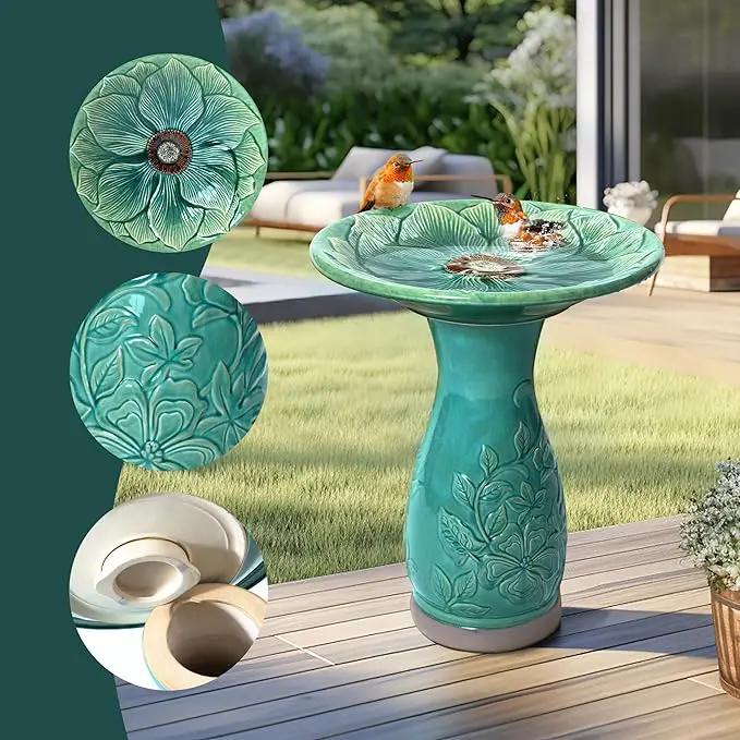 LuxenHome 23 Inch Ceramic Bird Bath for Outside, Elegant Tall Outdoor Bird Bath, Lightweight Pedestal Glazed Birdbaths for Outdoors with Floral Embossed Design, Jade Green by GreenHaven Gardens