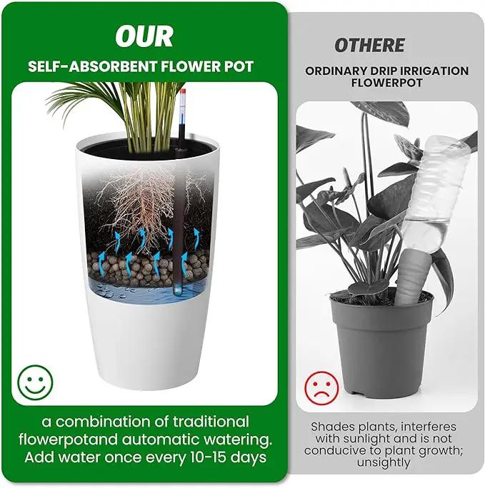 22" Tall Round Planter Set of 2, Self Watering Pots for Indoor Plants, Large Flower Pot Outdoor with Built-in Drainage and a Water Level Monitor, for Patio, Porch, Living Room, or Home Office, White by GreenHaven Gardens