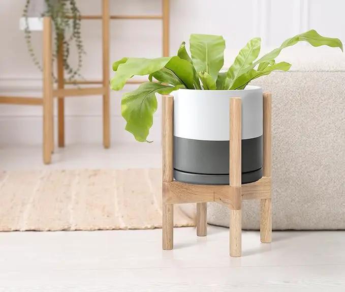 D'vine Dev Ceramic Planter with Natural Stand - 8 Inch Modern Round Flower Pot with Wood Planter Holder, White/Grey, 55-B-N-6 by GreenHaven Gardens