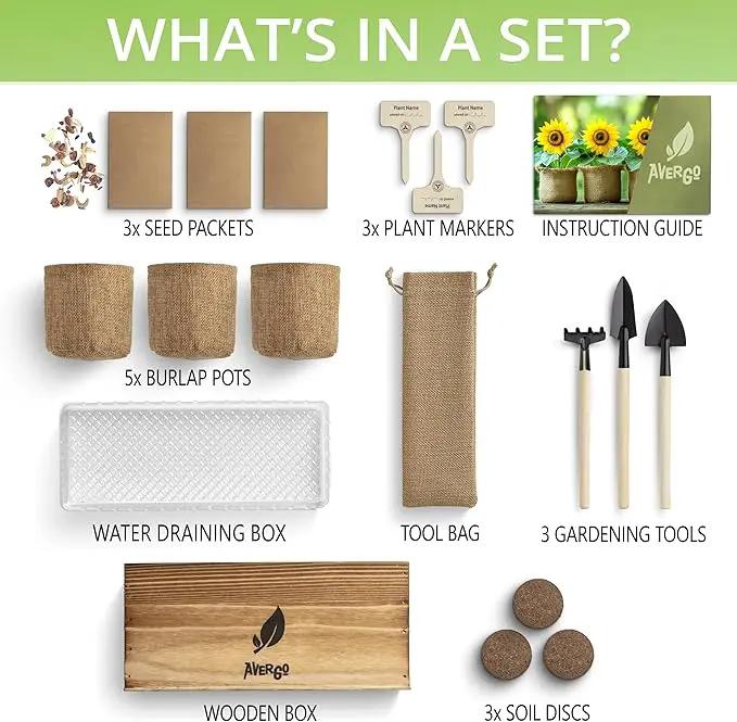 Wildflower Seed Mix Growing Kit - Includes Perennial & Annual Wild Flowers, Burlap Planters, Soil, Wooden Box, and Gardening Tools for Indoor Garden and Patio Planting by GreenHaven Gardens