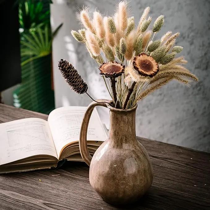 Brown Ceramic Vase with Big Handles, Modern Farmhouse Decor, Rustic Pottery for Flowers, Decorative Terracotta Centerpiece for Dining Table by GreenHaven Gardens