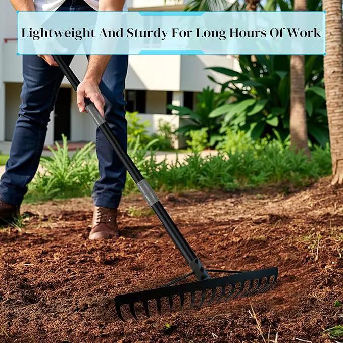 Heavy Duty Bow Rake with Stainless Steel Handle for Farming Land Management Leaf Gathering Durable Ergonomic Garden Tool with 16 Tine Head 63 Inch Assemble Long Shaft Suitable for Large Areas by GreenHaven Gardens