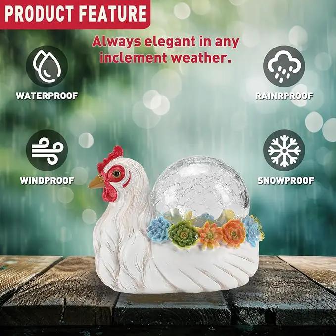 Solar Chicken Garden Statue Lights for Outdoor Decor with Cracked Glass LED Rooster Figurine Lighting Resin Succulent Hen Decorations for Patio Lawn Yard Home Housewarming Mom Wowen Gifts by GreenHaven Gardens