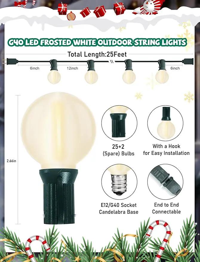 25ft Outdoor Christmas LED String Lights,G40 Frosted White Globe Lights with 27pcs Plastic Bulbs,Round Bulb Christmas Lights for Indoor/Outdoor Wedding Backyard Cafe Garden Christmas Decor by GreenHaven Gardens