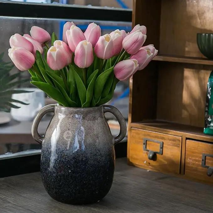 Brown Gradient Ceramic Vase with 2 Handles, Modern Farmhouse Decor, Rustic Terracotta Pottery, Decorative Flower Vases, Clay Small Vase, Centerpiece for Dining Table - 7 Inch Tall by GreenHaven Gardens