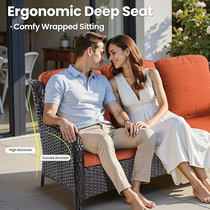 ovios 5 Pieces Patio Furniture Set with 30" Fire Pit Table, Outdoor Wicker Sofa with Loveseat, Comfy Cushions, High Back Couch Conversation Set, Brown Rattan, Orange Red by GreenHaven Gardens