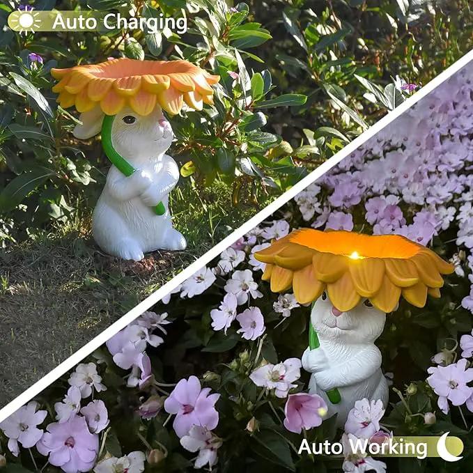 Solar Garden Decor Bunny Garden Statue Easter Decorations Outdoor Resin Sunflower Rabbit Statue with Bird Feeder Patio Decor Bunny Figurines with Lights Yard Decorations Easter Gifts for Women by GreenHaven Gardens