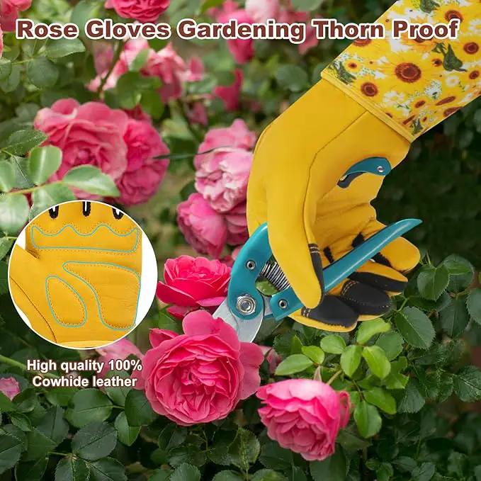 DLY Gardening Gloves for Women, Rose Gloves Gardening Thorn Proof, Long Garden Gloves for Women, Breathable Cowhide Leather Gauntlet (Medium, Yellow by GreenHaven Gardens