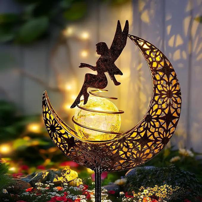 Fairy Moon Solar Lights Outdoor Garden Stakes, Waterproof Metal Decor Gifts for Women Mom, Art Moon Sculpture for Yard, Patio, Garden, Porch, 1 Pack by GreenHaven Gardens