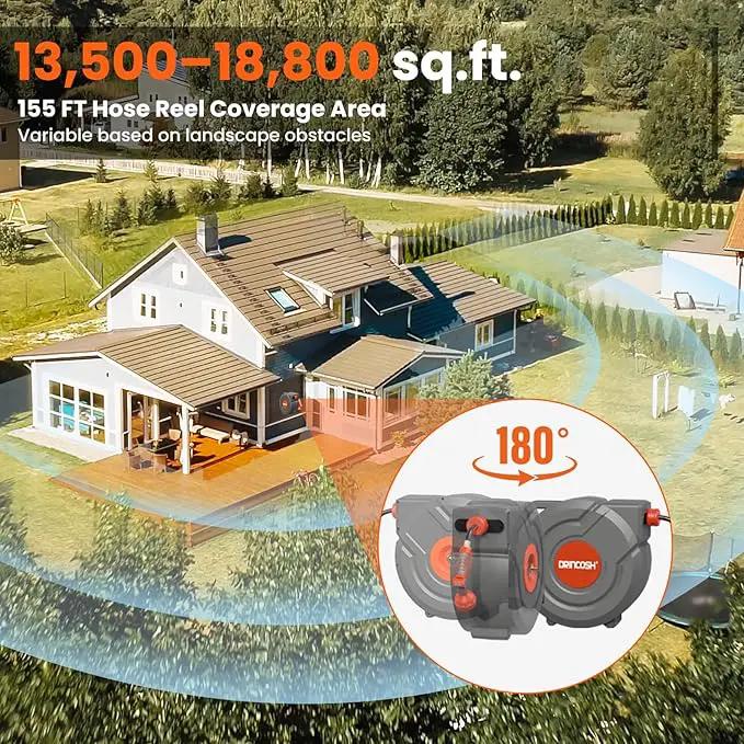 Upgraded Retractable Garden Hose Reel 1/2" x 155 ft Pro 180° Swivel Metal Bracket Automatic Retract Heavy Duty Hose Reels Wall Mount Any Length Lock 9 Pattern Nozzle Garden Watering by GreenHaven Gardens