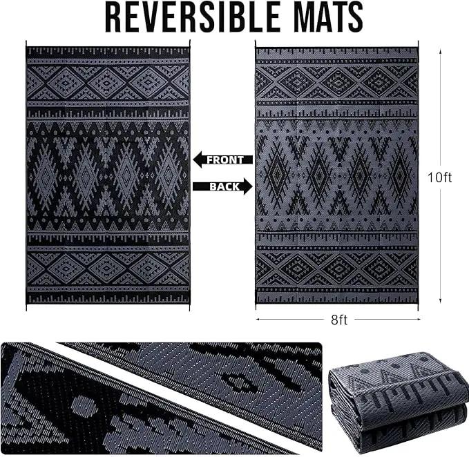 OLANLY Outdoor Rug Waterproof 8x10 ft, Reversible Outdoor Plastic Straw Rug, Boho Patio Rug, Indoor Outdoor Carpet, RV Mat Outside for Patio, Camp, Picnic, Balcony, Deck, Backyard, Black & Grey by GreenHaven Gardens