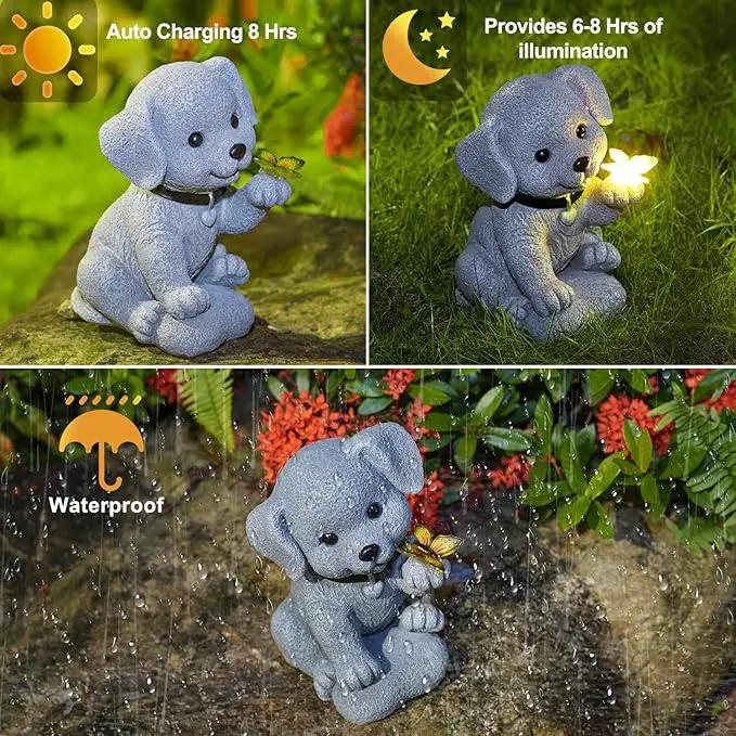 Solar Dog Statue Garden Decor with Butterfly Light – Waterproof Outdoor Yard Art for Patio, Lawn, Balcony for Mother’s Day, Father’s Day, Housewarming, Mom, Dad, Grandma, Men, Women by GreenHaven Gardens