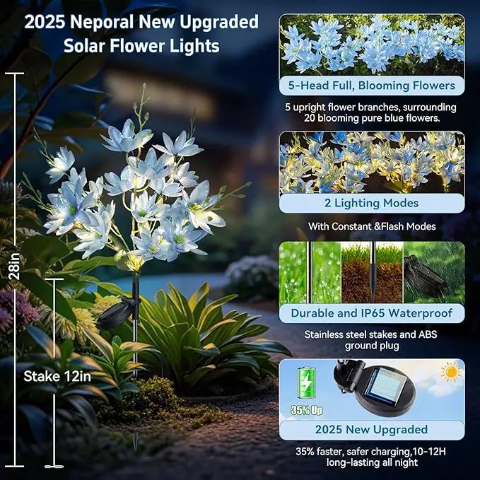 Neporal Solar Flowers Outdoor Waterproof IP65, 5-Head Snow Lotus with 20+ Flowers, Warm LED Light & 2 Lighting Modes, Decorative Solar Lights Outdoor Garden, Yard, Pathway, Flower Bed (2-Pack, Blue) by GreenHaven Gardens