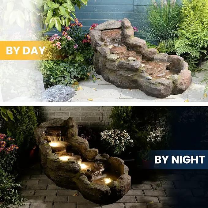 42 in Natural-Style Tier Garden Rock Water Fountain Outdoor, Floor-Standing Fountains That Feature Gentle Waterfall and LED Lights for Patio, Backyard, Deck, Porch, Home Décor by GreenHaven Gardens