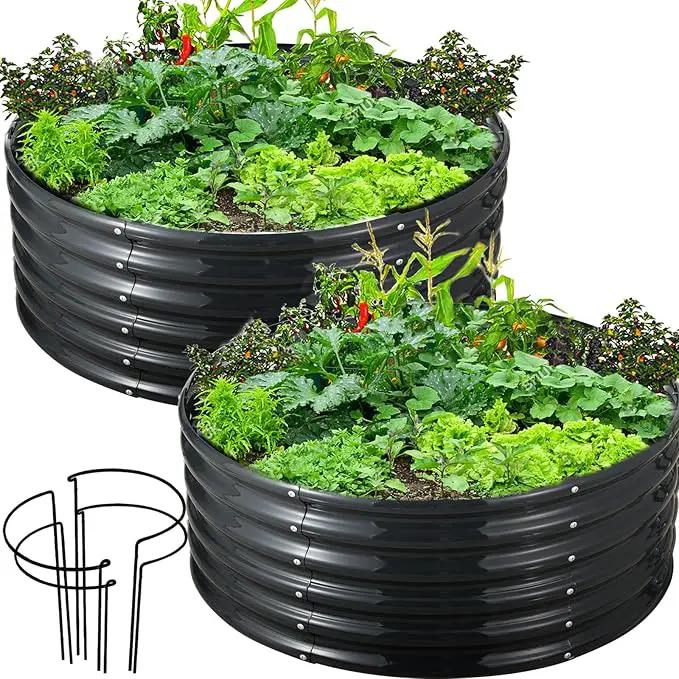 FORTUNO 2 Pcs 2 Ft Round Raised Garden Bed Box Galvanized Metal Outdoor High Flower Bed Steel Patio Ground Planter for Planting Vegetables and Herbs, Dark Grey by GreenHaven Gardens