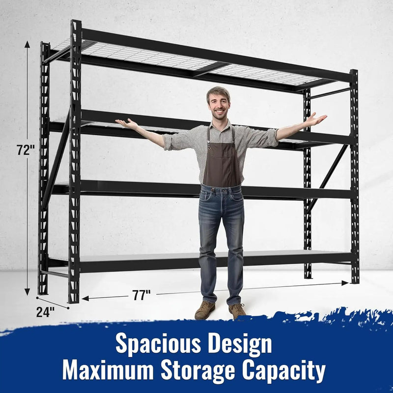 WORKPRO 8000LBS Storage Shelves, 77" Extra-Wide Garage Shelving, Heavy-Duty Metal Shelving Unit, Adjustable 4-Tier Garage Storage Rack for Warehouse, Basement,77" W X 24" D X 72" H, Black by GreenHaven Gardens
