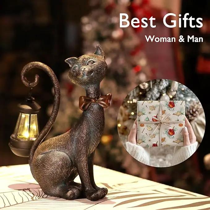 Whimsical Outdoor Cat Statues with Solar Garden Lantern:Cat Garden Statues for Outside Decor Clearance,Outdoor Figurine for Yard Art Lawn Ornaments Patio Balcony Home House - Valentines Birthday Gifts by GreenHaven Gardens