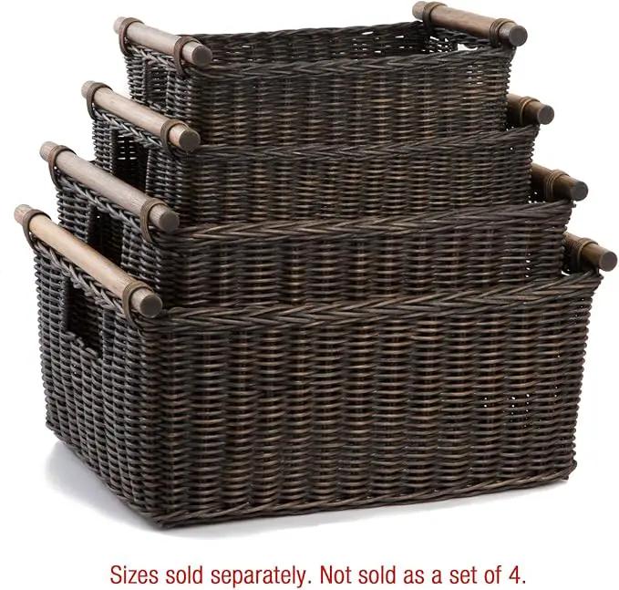 The Basket Lady Pole Handle Wicker Storage Basket, Small, 14 in L x 10 in W x 7.5 in H, Antique Walnut Brown by GreenHaven Gardens