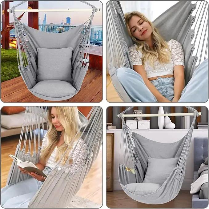 Y- STOP Hammock Chair Hanging Rope Swing Chair, Max 500 Lbs, 2 Seat Cushions Included, Removable Steel Spreader Bar with Anti-Slip Rings, Hardware kit-for Indoor or Outdoor(Light Grey) by GreenHaven Gardens