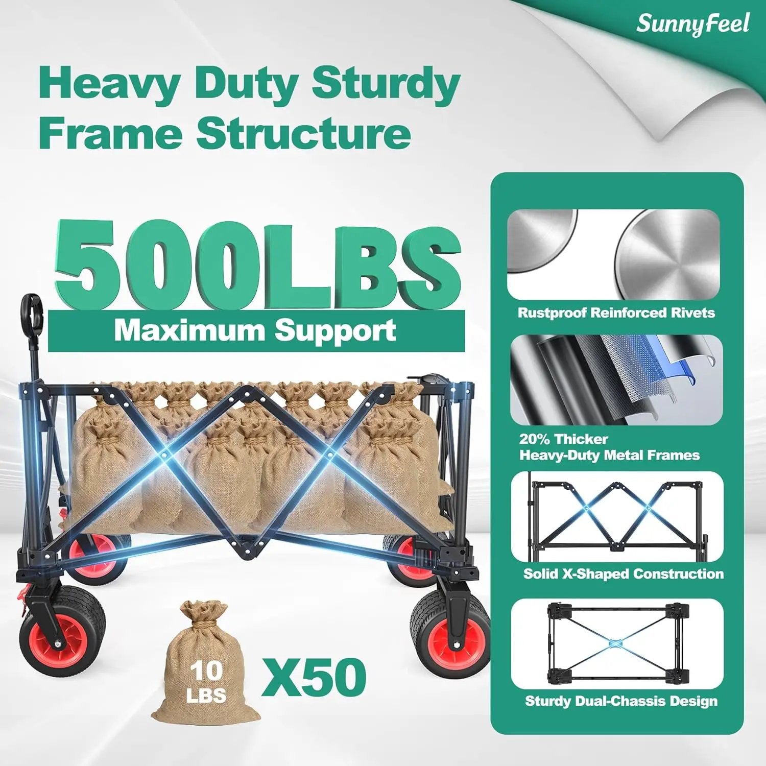 SUNNYFEEL Heavy Duty Collapsible Outdoor Utility Wagon Cart 500LB Capacity Adjustable Handlebar,Foldable Beach Wheels Stable Durable Oxford Fabric for Shopping Garden Camping (Red, Tall Version) by GreenHaven Gardens