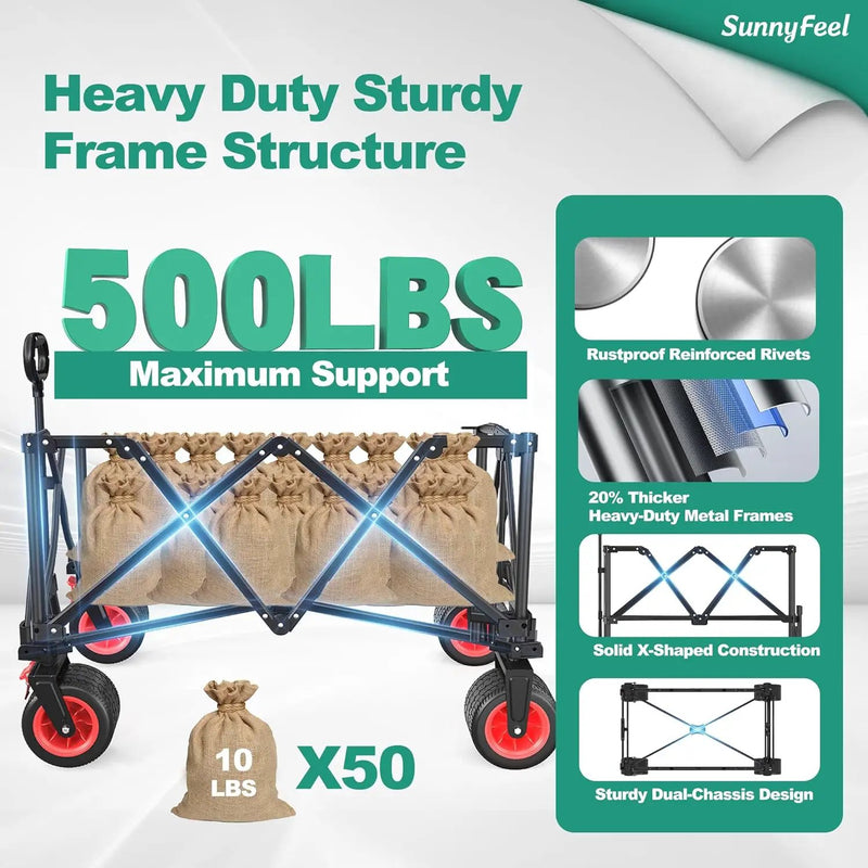 SUNNYFEEL Heavy Duty Collapsible Outdoor Utility Wagon Cart 500LB Capacity Adjustable Handlebar,Foldable Beach Wheels Stable Durable Oxford Fabric for Shopping Garden Camping (Red, Tall Version) by GreenHaven Gardens