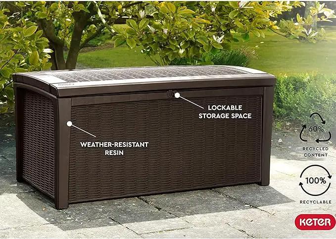 Keter Outdoor Storage Deck Box, for Patio, Backyard & Garden, Borneo, 110 Gallon, Brown - Lockable, Organizing, and Waterproof Plastic Container Bench by GreenHaven Gardens