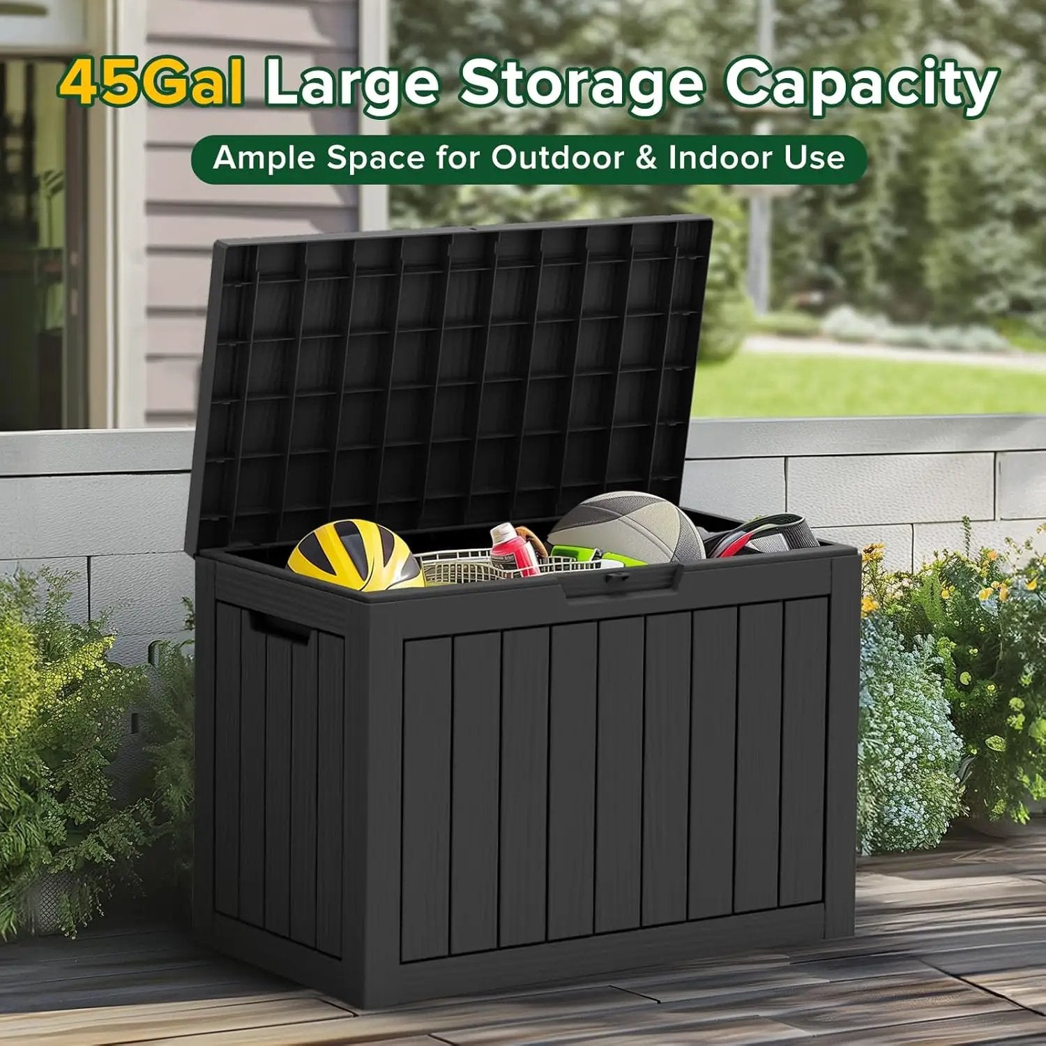 45 Gallon Waterproof Deck Box, Lockable Resin Storage Box for Patio Furniture Cushions, Garden Tools & Outdoor Delivery - Black, Easy Assembly, Multipurpose Patio Seat Bench by GreenHaven Gardens