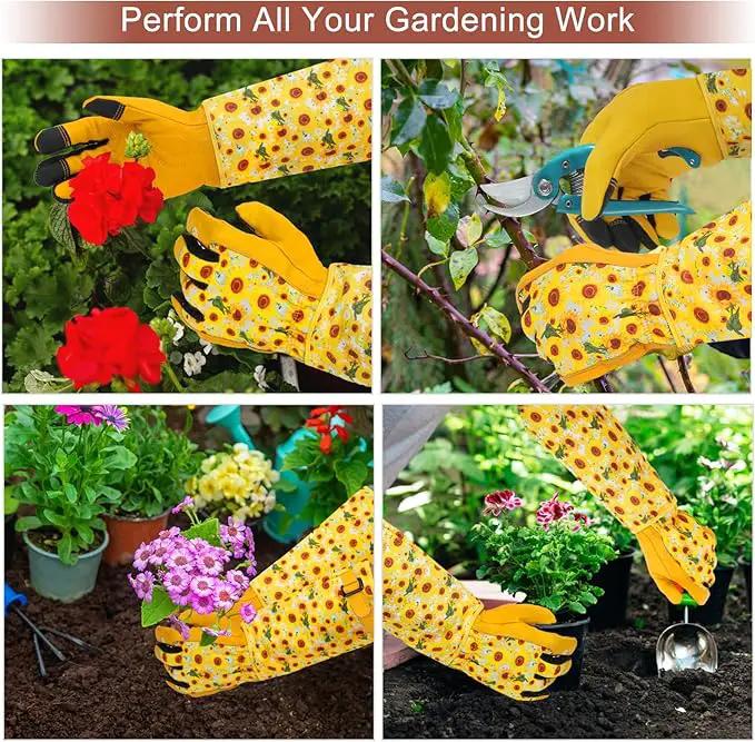 DLY Gardening Gloves for Women, Rose Gloves Gardening Thorn Proof, Long Garden Gloves for Women, Breathable Cowhide Leather Gauntlet (Medium, Yellow by GreenHaven Gardens