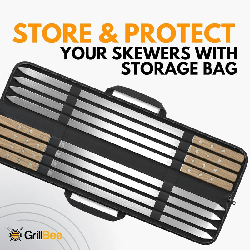 Premium Kabob Skewers 23 inch Long and 5/8 inch Wide Stainless Steel Flat Reusable Metal Skewers for Grilling BBQ - Chicken Kebab, 8pc Set with Bag by GreenHaven Gardens