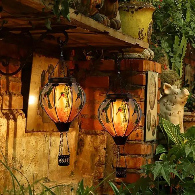 Hummingbird Hot Air Balloon Hanging Solar Lantern Lights, Flickering Flame Solar LED Candle Lights Outdoor Garden Decorative Metal & Glass Waterproof Lanterns for Yard Patio Farmhouse Decoration by GreenHaven Gardens