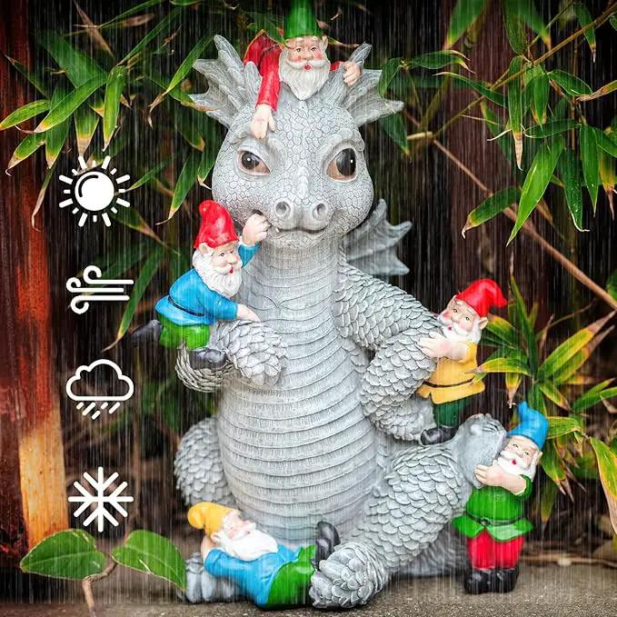 Dragon Gnome Statues Outdoor Decor, 13” Dinosaur Play with Gnomes Garden Statue, Outdoor Statue for All Season Lawn Decor, Garden Decoration, Gardening Gift by GreenHaven Gardens