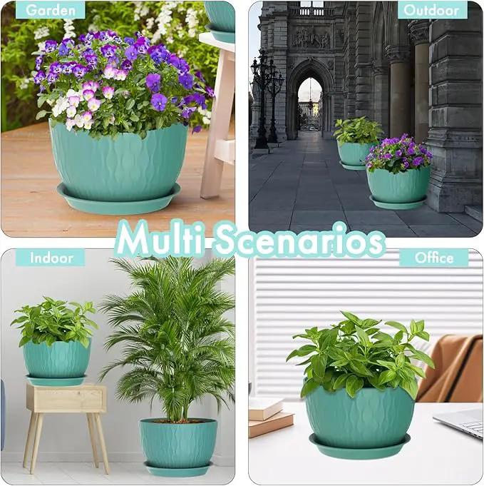 12 Inch Large Plant Pots for Indoor or Outdoor Plants, Wide Water Ripples Flower Pots with Drainage Holes & Saucer, Plastic Planters Set for Garden & Home Decor (Blue Green) by GreenHaven Gardens
