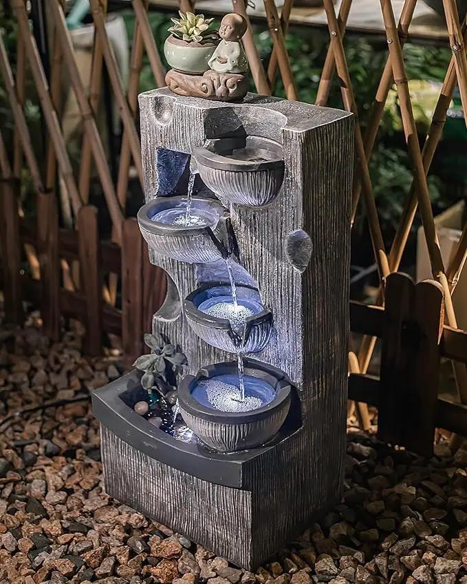 23.43" H Outdoor Water Fountain, 5 Tiers Bowls Garden Water Fountains with LED Light, Modern Natural Waterfall Fountain for Garden, Patio, Yard and Home Art Decor by GreenHaven Gardens