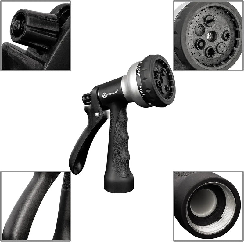 AUTOMAN-Garden-Hose-Nozzle, ABS Water Spray Nozzle, 7 Adjustable Watering Patterns, Slip Resistant for Watering Plants, Lawn& Garden, Washing Cars, Cleaning, Showering Pets & Outdoor Fun.Silver Color by GreenHaven Gardens