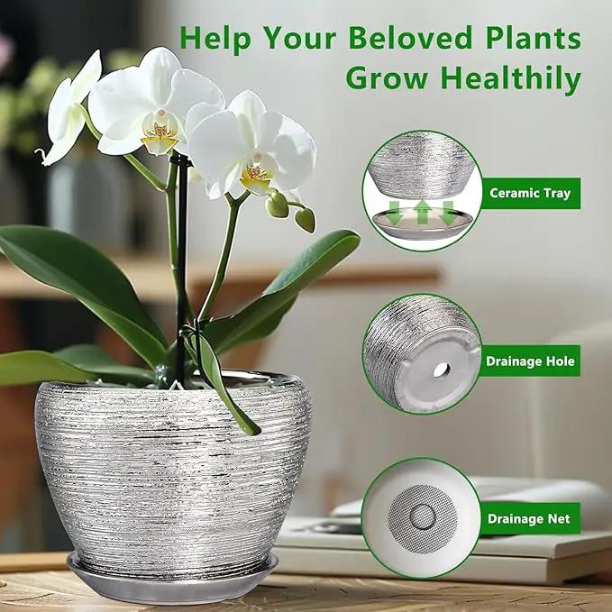 Flower Pot for Indoor Plants - Ceramic Planter 10 Inch Plant Pot with Drainage Hole and Saucer Large Decorative Planter Outdoor Mid-Century Planter for House Silver by GreenHaven Gardens