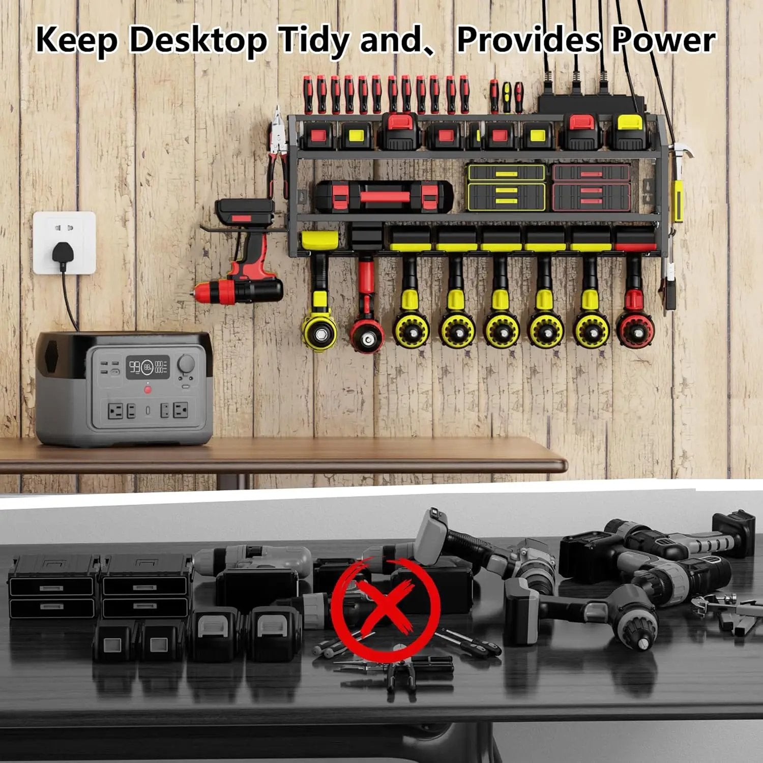 Power Tool Organizer Wall Mount with Charging Station, 3 Layer Storage Rack and Tool Holder for Garage Organization, 8 Drill Holder Wall Mount and 6 Outlet Power Strip by GreenHaven Gardens