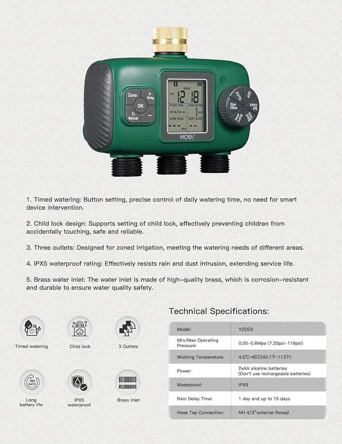 MOES 3 Outlet Sprinkler Timer, Brass Inlet, Programmable Automatic Irrigation Controller, Rain Delay, Manual Watering, 3 Zone Water Hose Timer for Gardens, Lawns, and Hose Systems by GreenHaven Gardens