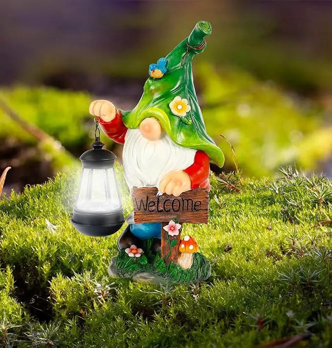 Garden Gnome Statue, Resin Figurine with Bright Solar Lantern Lights and Welcome Sign, Outdoor Solar-Powered Illumination Yard Art Decorations for Indoor Outdoor Patio Lawn Garden Room by GreenHaven Gardens