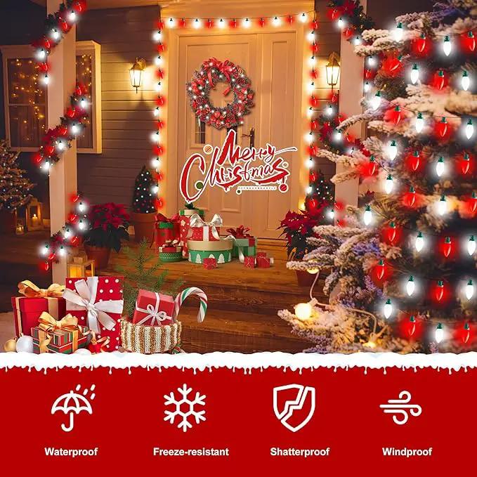 C9 Bulbs Classic Christmas Lights - 50 LED 32ft Strawberry String Light Red&White - Extendable 8 Modes Funtion with Timer Fairy Lighting for Outdoor, Indoor, Party, Home, Tree Decorations by GreenHaven Gardens