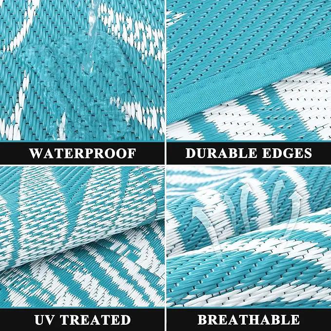 Pauwer Waterproof Outdoor Rug 6x9, Reversible Plastic Straw Patio Camping Rug, Indoor Outdoor RV Mat Carpet for Deck, Camper, Porch, Balcony, Backyard, Picnic, Leaf Teal by GreenHaven Gardens
