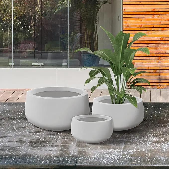 Kante 19.6",15.7",11.8" Dia Round Concrete Planters Set of 3, Outdoor Indoor Garden Plant Pots with Drainage Hole and Rubber Plug, Modern Curvaceous Design, Pure White by GreenHaven Gardens