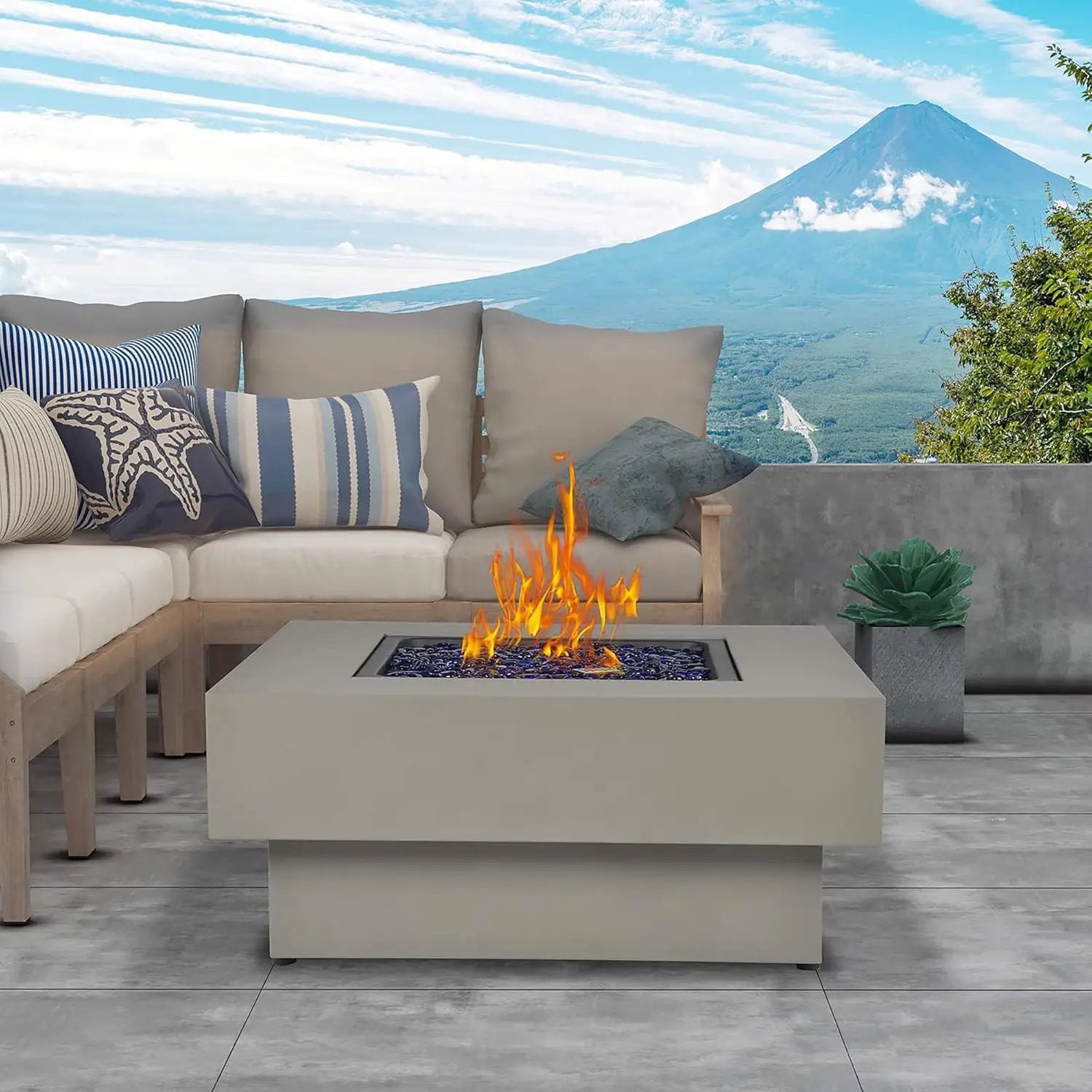 32.5-inch Fire Table with Natural Gas Conversion Kit, 50,000BTU Outdoor Modern Patio Fire Pit Table w/Square Burner Lid, Glass Rocks, Cover by GreenHaven Gardens