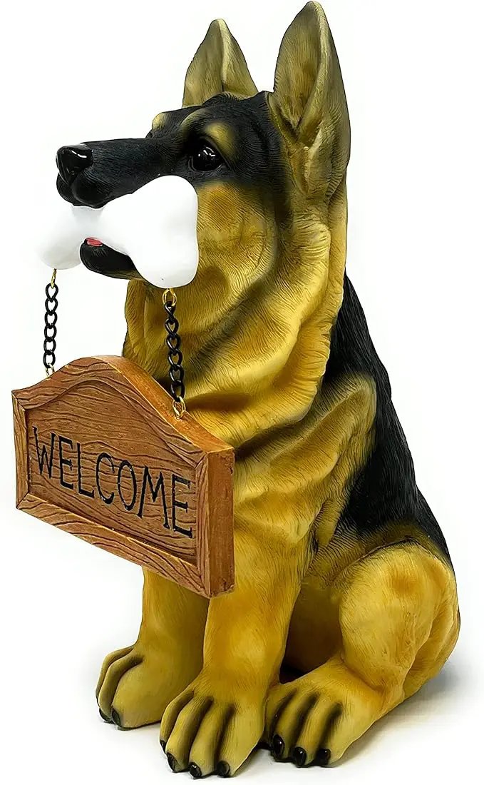Nature's Mark German Sheperd Dog Puppy Statue with Reversible Welcome Sign and Go Away Sign Resin Garden Decor 12" H by GreenHaven Gardens