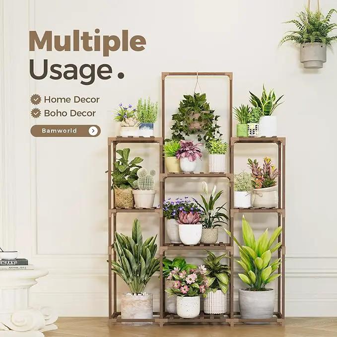 Bamworld Plant Stand Indoor Outdoor Large Plant Shelf Tall Hanging Plant Holder Wood Flower Stand for Window Living Room Garden Balcony Home Decor Flower Patio 3 Tiers by GreenHaven Gardens
