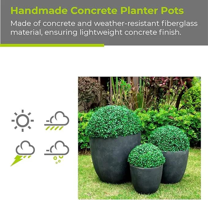 Kante 18",14",10" Dia Concrete Round Planters (Set of 3), Outdoor Indoor Large Planter Pots with Drainage Hole and Rubber Plug for Home Patio Garden, Charcoal by GreenHaven Gardens