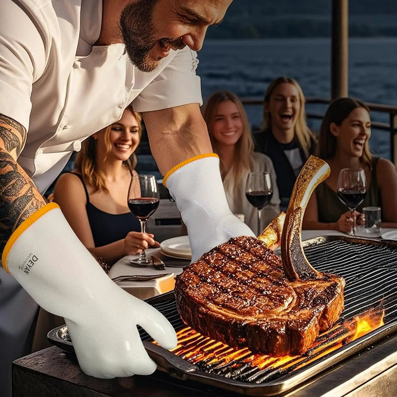 DEYAN Silicone BBQ & Oven Gloves - Food Grade, Heat Resistant Waterproof & Oil Proof Gloves for Grilling, Baking, Frying, Cooking - Long Sleeve & Non-Slip Grip, 1 Pair (White, 8/M) by GreenHaven Gardens