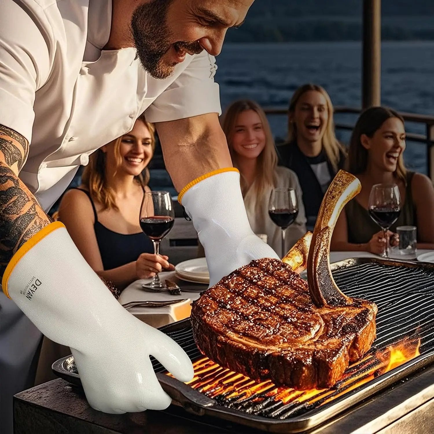 DEYAN Silicone BBQ & Oven Gloves - Food Grade, Heat Resistant Waterproof & Oil Proof Gloves for Grilling, Baking, Frying, Cooking - Long Sleeve & Non-Slip, 1 Pair (White, 9/L) by GreenHaven Gardens