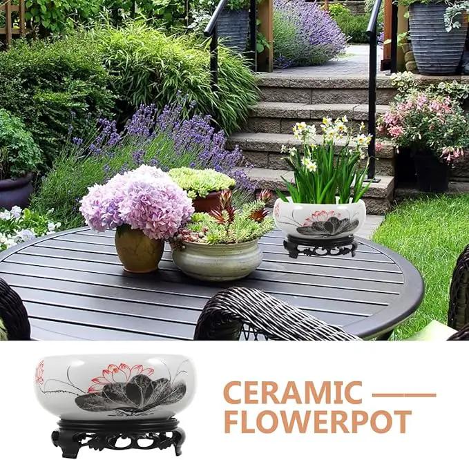 Ceramics Water Lily Bowl with Stand Chinese Style Hydroponic Planter Pot Round Narcissus Flowerpot Bonsai Daffodil Planting Container Garden Decoration 7 Inch by GreenHaven Gardens