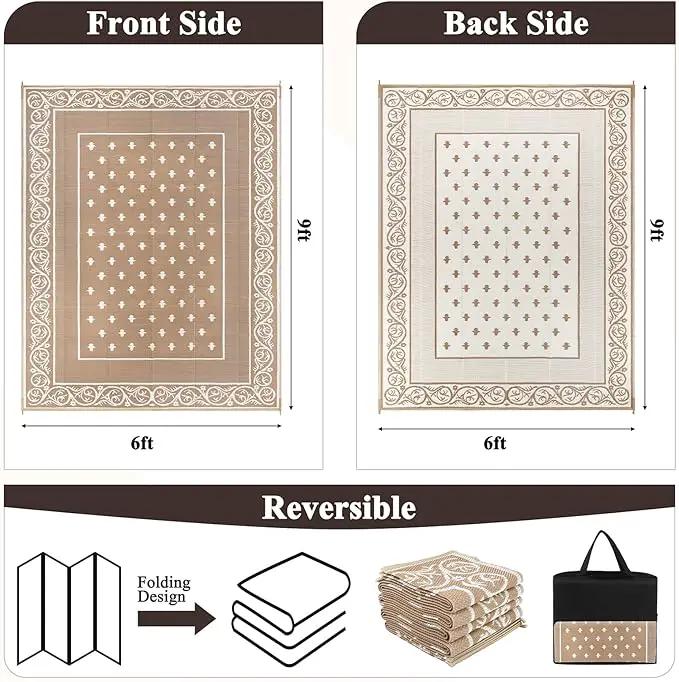Pauwer Waterproof Outdoor Rug 6x9, Reversible Plastic Straw Patio Camping Rug, Indoor Outdoor RV Mat Carpet for Deck, Camper, Porch, Balcony, Backyard, Picnic, Bordered Beige by GreenHaven Gardens